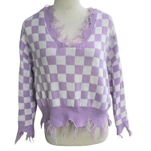 Just Polly Frayed V-Neck Lavender White Checkered Sweater Size S